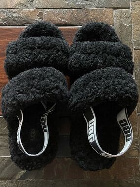 UGG Black Plush Double-Band Slide with Branded Heel Strap